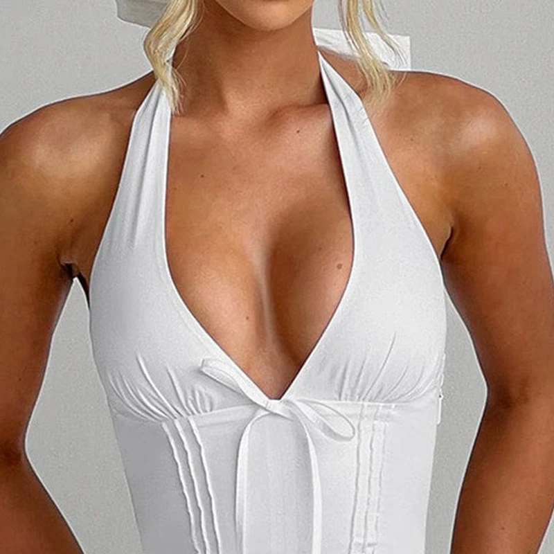 

Elegant Women's Summer Halter White Mini Dress Sexy Deep V Neck Backless Nightclub Sleeveless Prom Evening Party Ladies Dresses
