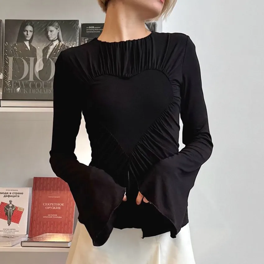 Women's Long-sleeve Blouse Crop White Flared Round Neck Blouses Black Ruffle Solid Color Top Heart Shape Cutout Ruched Detail - view 2