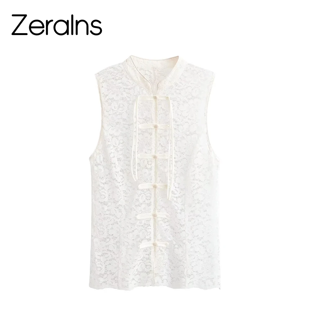 

ZERAINS 26 New Chinese style women's buckle vest with hollow design suspender rope knot buckle decoration raised lace top