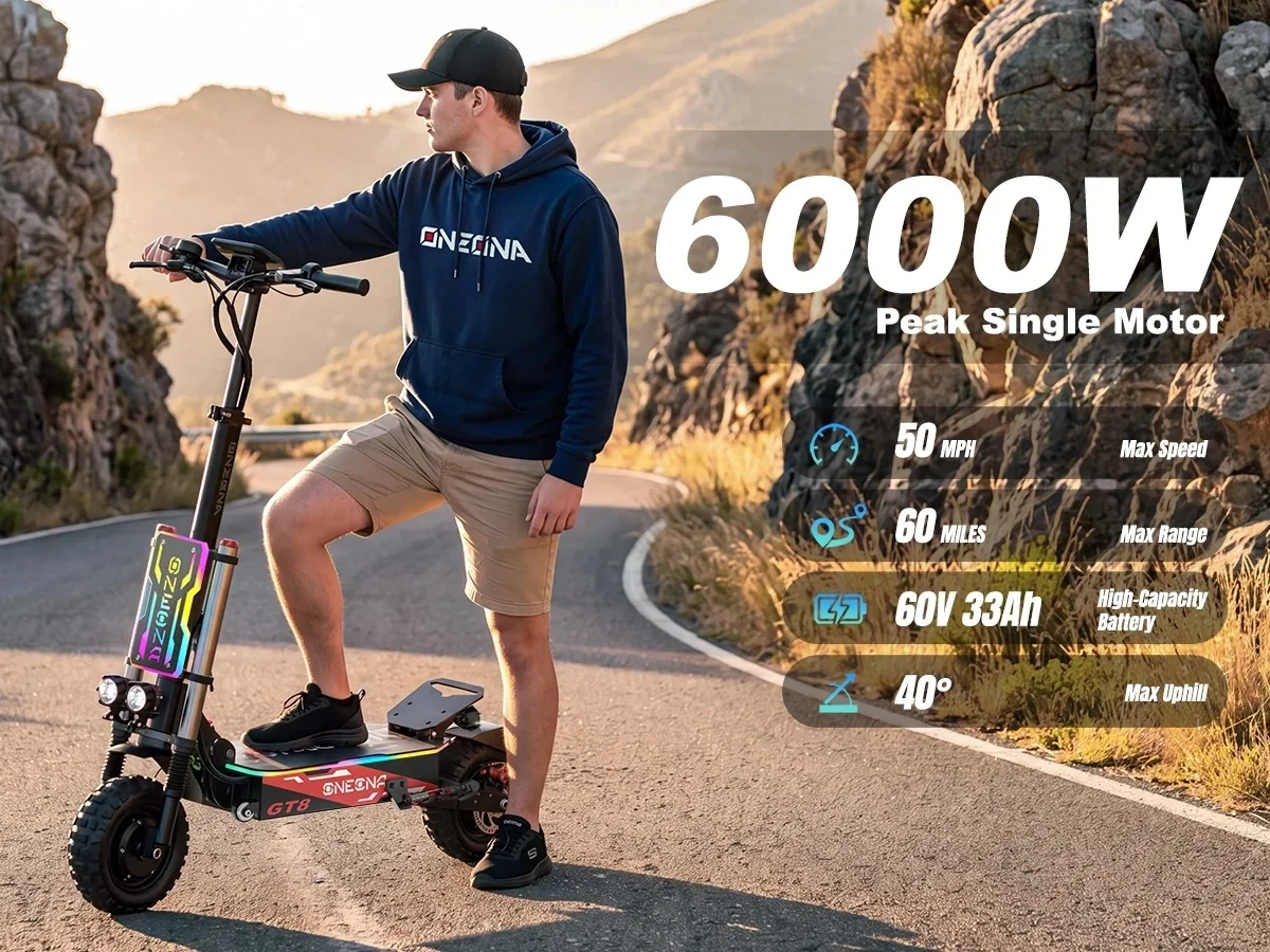 ONECNA NEW GT8PRO Adult Electric Scooter, 5600W Dual Drive Motor, 50MPH Maximum Speed 60 Miles Long Distance, Commuting Electric Scooter with LED RGB Lights, Intelligent LCD Display Screen, Outdoor Adventure Heavy-Duty Scooter
