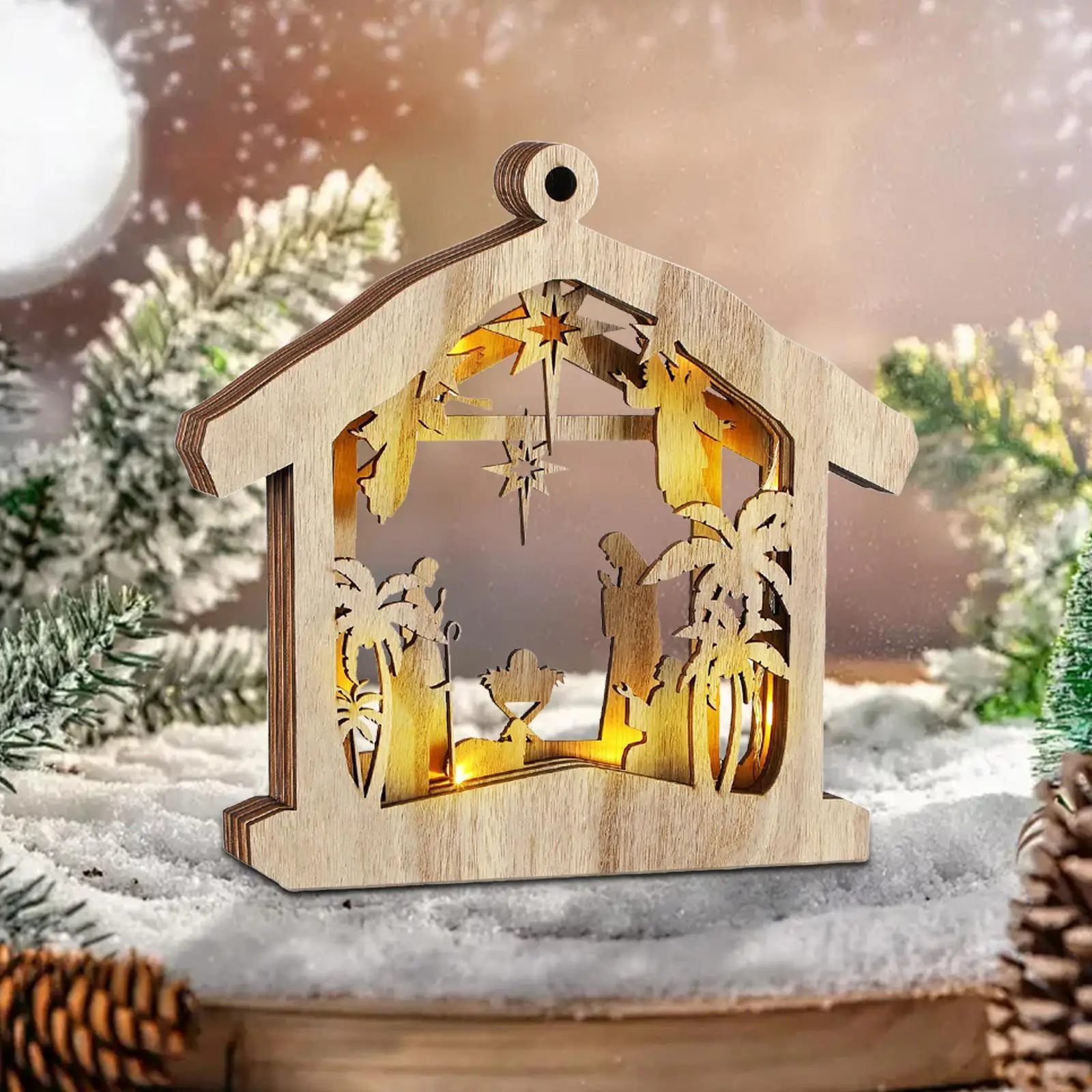 Christmas Wooden Nativity Scene Ornament Multi Layer Carved Christmas Decoration for Restaurant Anniversary Festival Home Office