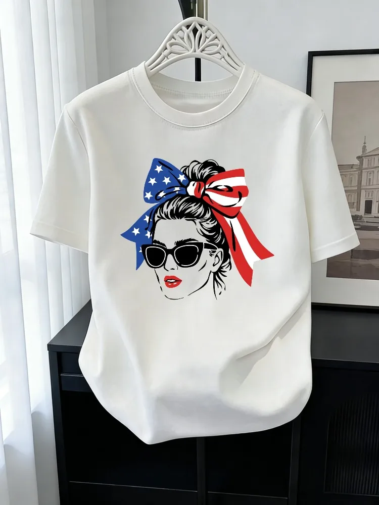 Omen's Crew-Neck T-Shirt: Fashionable Printed Casual Short-Sleeve Cotton T-Shirt with American Flag Bow, Comfortable Shirt