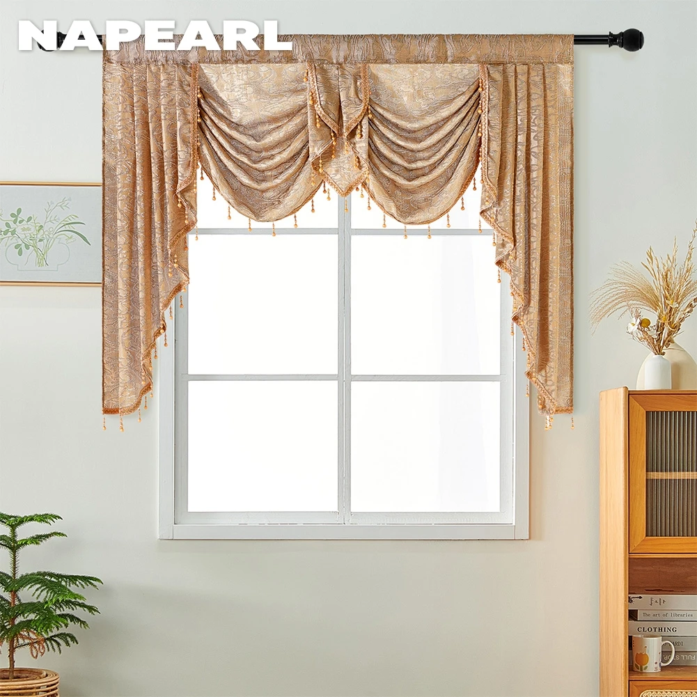 

NAPEARL European Style Golden Curtain Valance with Tassel Jacquard Curtain for French Window Blind Decor