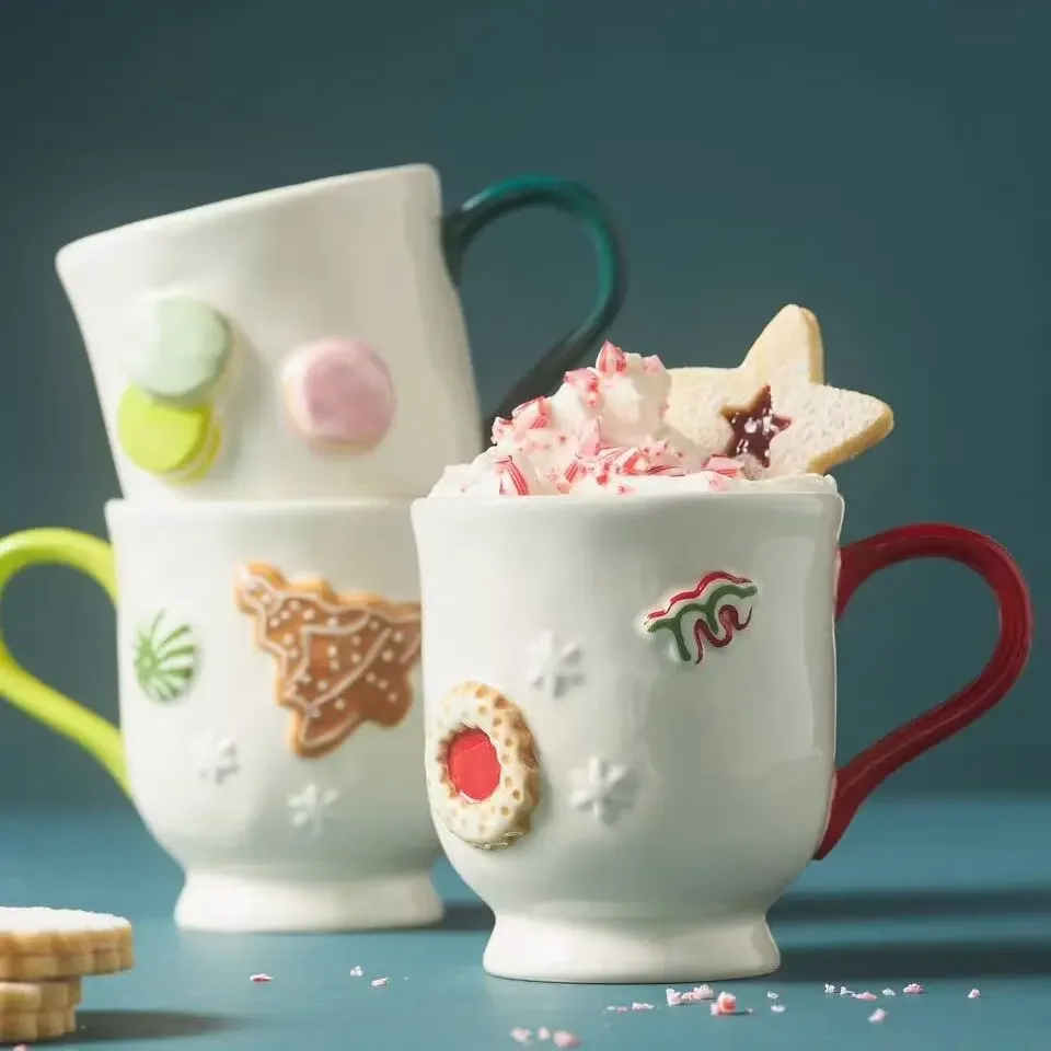 Hand Painted Christmas Gingerbread Man Embossed Ceramic Plate Mug
