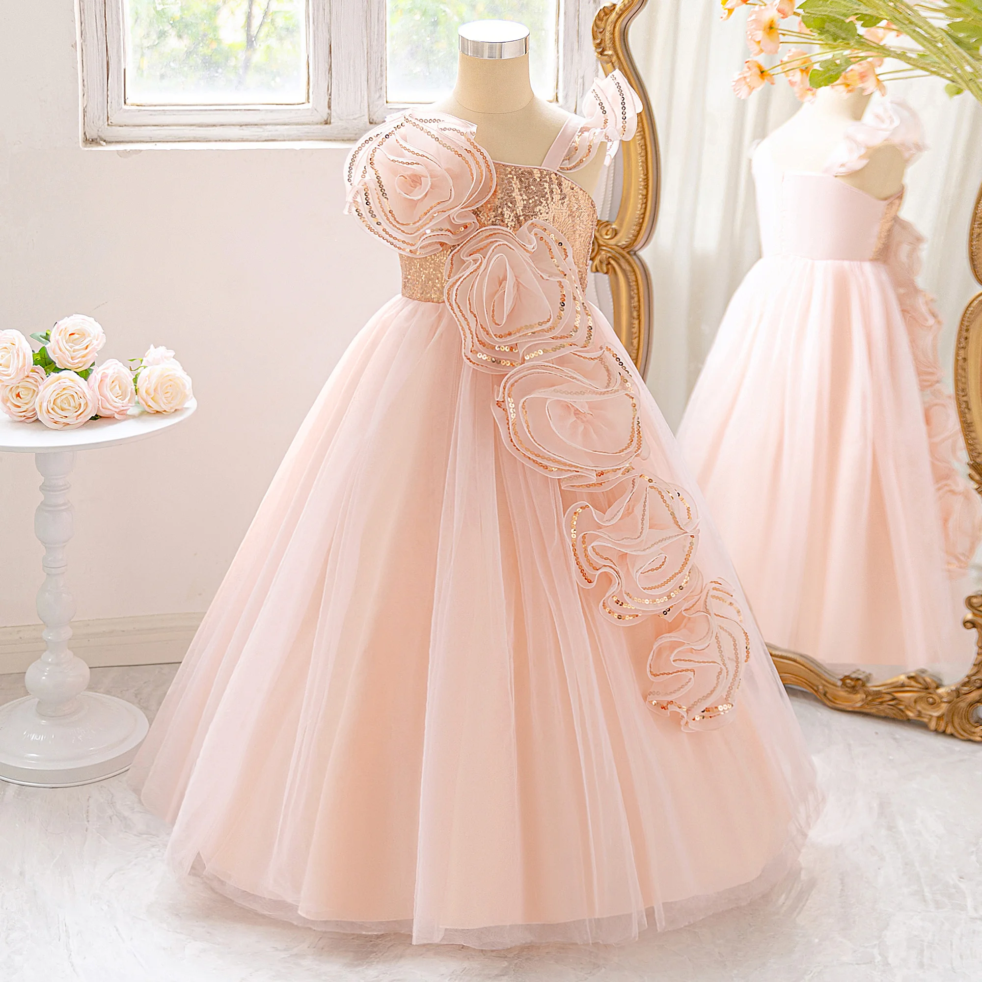 

Elegant Sequin Flower Bridesmaids Girls Dress Bow Wedding Party Princess Prom Dresses for Girl Birthday First Communion Costumes