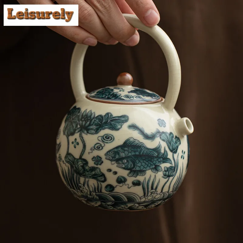 260ml Imitation Song Ru Kiln Teapot Retro Fish and Algae Pattern Lifting Beam  Pot Tea Soaking Kettle Tea Services Collection