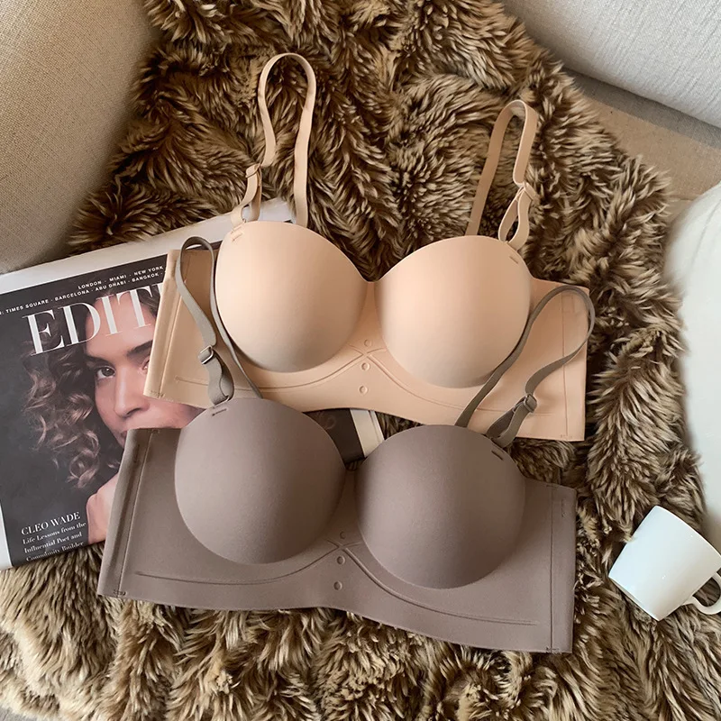 External Expansion Type Girl Underwear Female Small Chest Gathered Bra Traceless Half Cup Solid Color Bra Show Large Wipe Chest