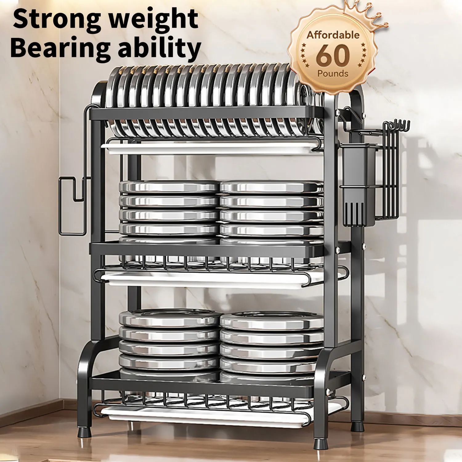 Image 6: Égouttoir à vaisselle à 3 niveaux, grande capacité, pour comptoir, avec support pour ustensiles, couteaux et planches à découper, plateaux amovibles