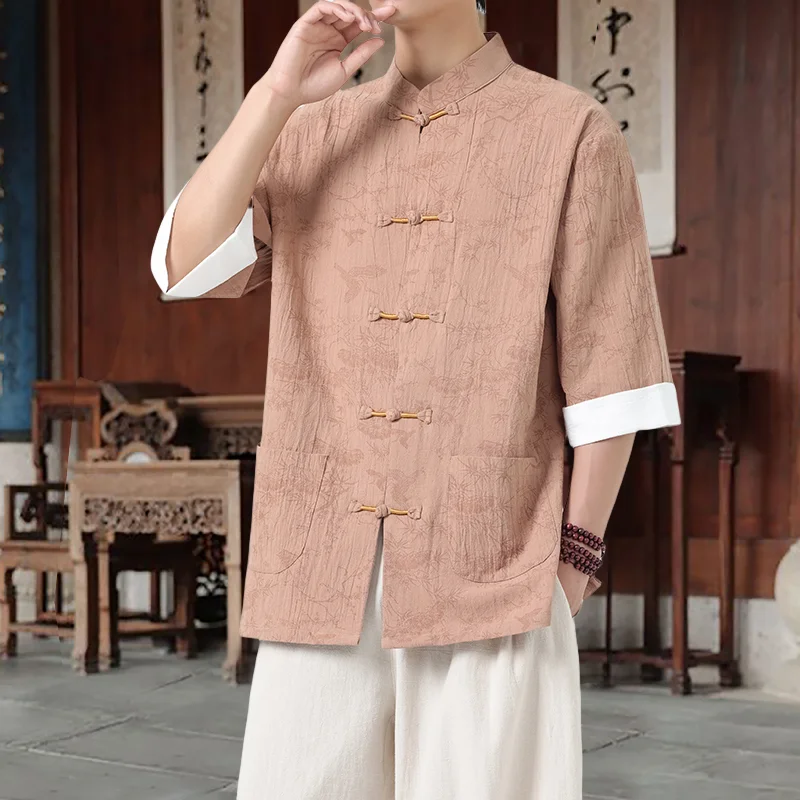 

Chinese Style Retro Button Up Half Sleeved Tang Style Shirts