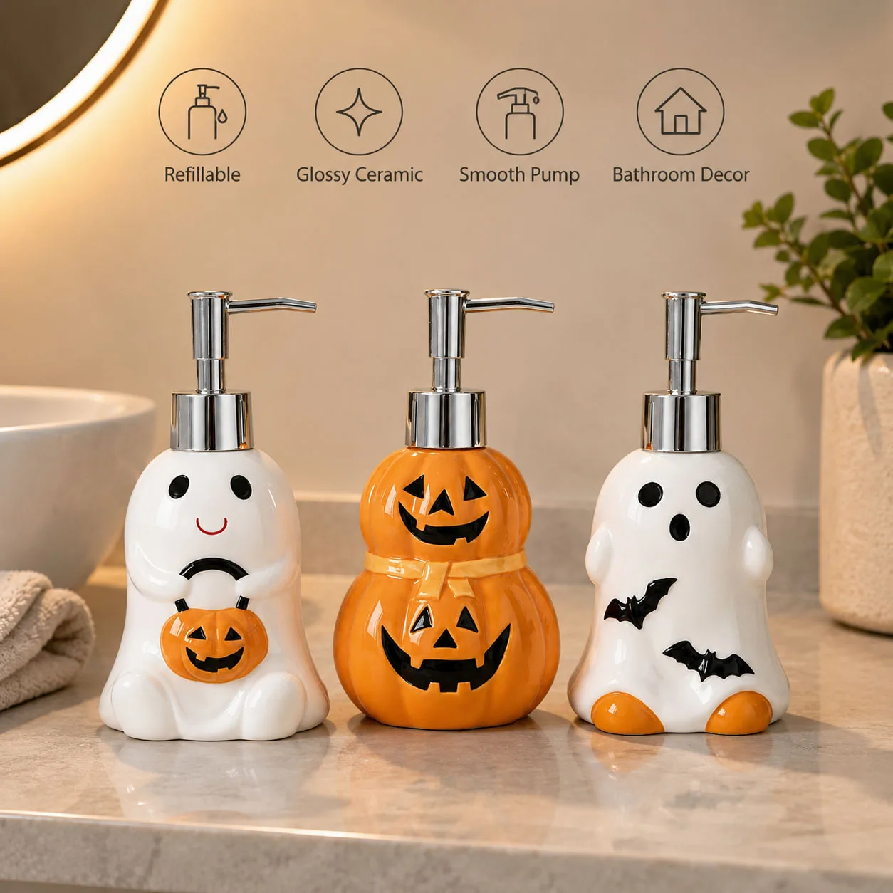 Halloween Ghost Pumpkin Ceramic Soap Dispenser with Pump,Cute Hand Wash Lotion Bottle for Bathroom Shower Gel Shampoo Liquid