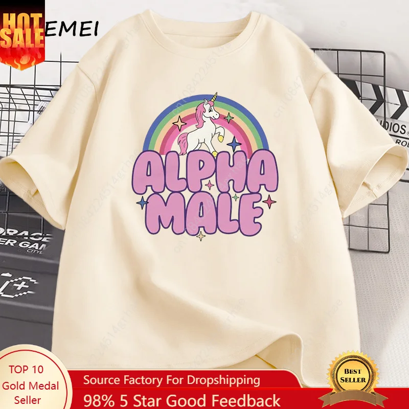 

Alpha Male Unicorn Rainbow T Shirts Oversize Men Casual Fashaion Graphic Tees Unisex Round Neck Print Mens Short Sleeve Tshirt