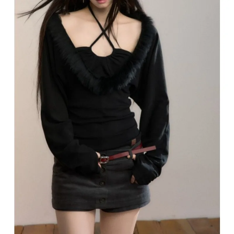 

Design Sense Heavy Work Leave Two Pieces of Fur Collar Splicing Base T-shirt Women's 2025 Autumn and Winter New Inner Trim Top