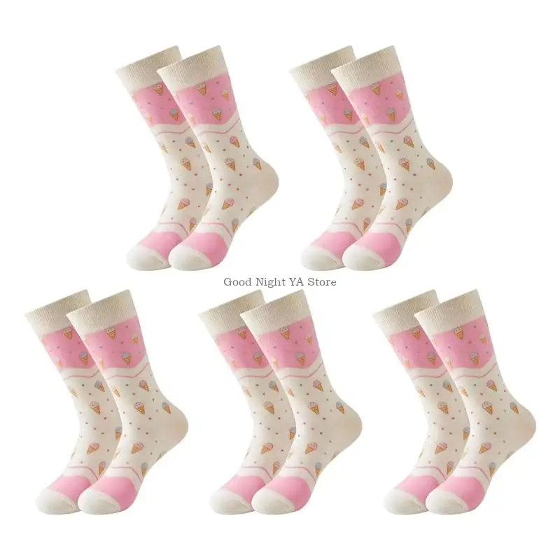  5 Pairs Ladies Socks Cotton with Ice Cream Patterns Lightweight and Stretchy