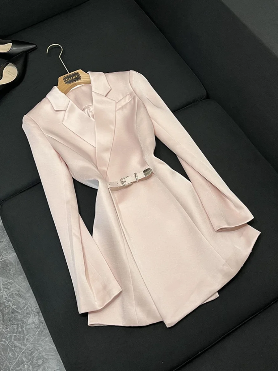 

Pink Silk Satin Tailored Jaet Women's Busin Suit Top Waist-Cinching Commute Sle Long Sve Mid-Length Coat