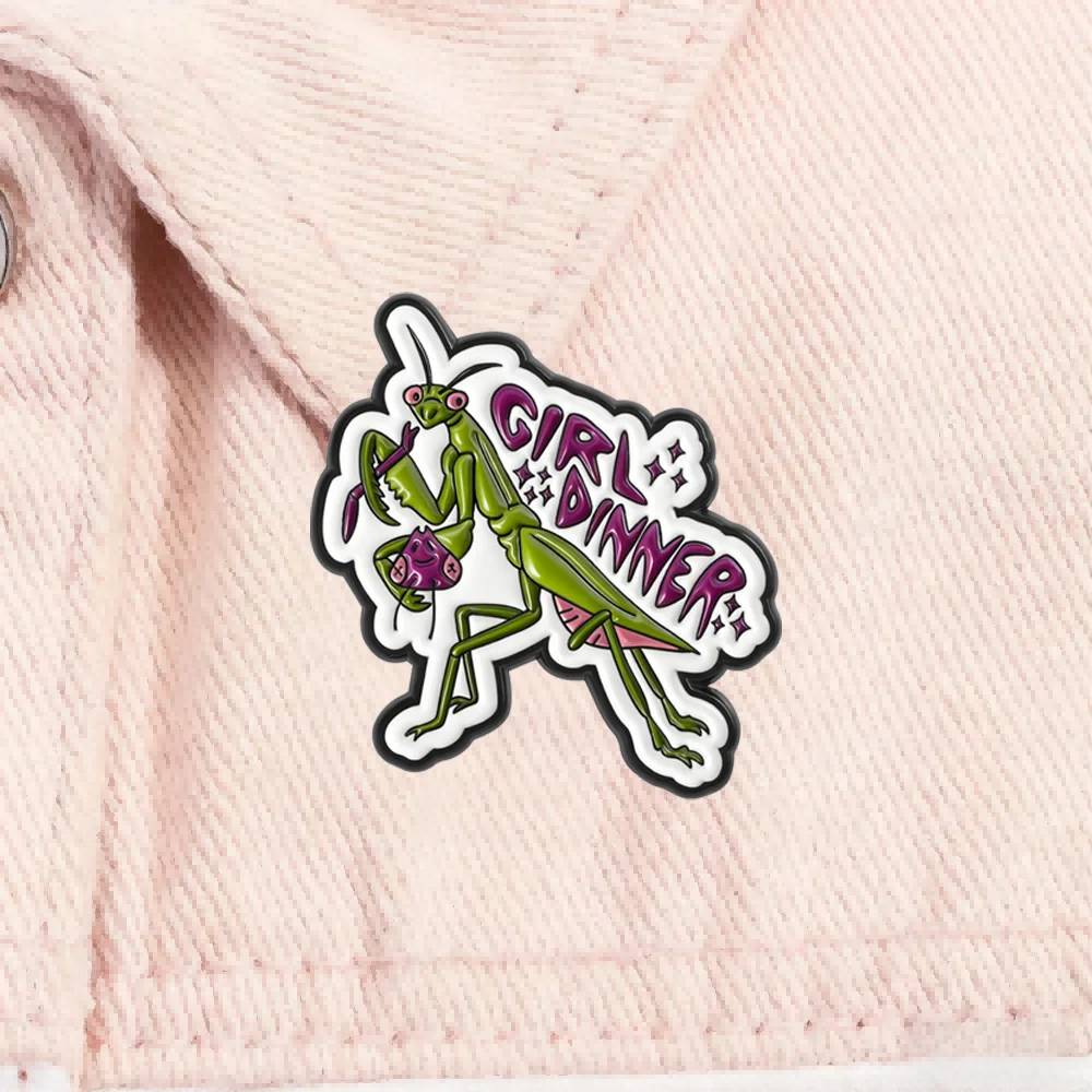 Girl Dinner Praying Mantis Enamel Pins Funny Insect Animal Lapel Badges Meme Brooches for Women Backpack Hat Jewelry Gift