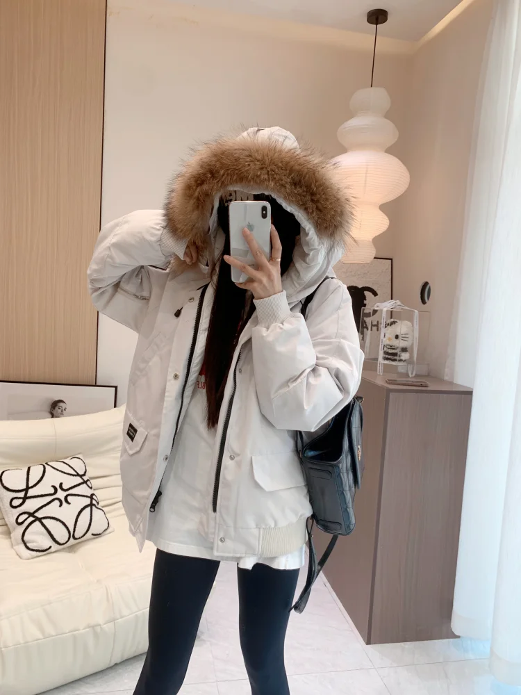 Hooded Down Jacket For Women Winter 2025 New Real Fur Hair Collar Warm Bread Coat Women White Duck Down Jackets