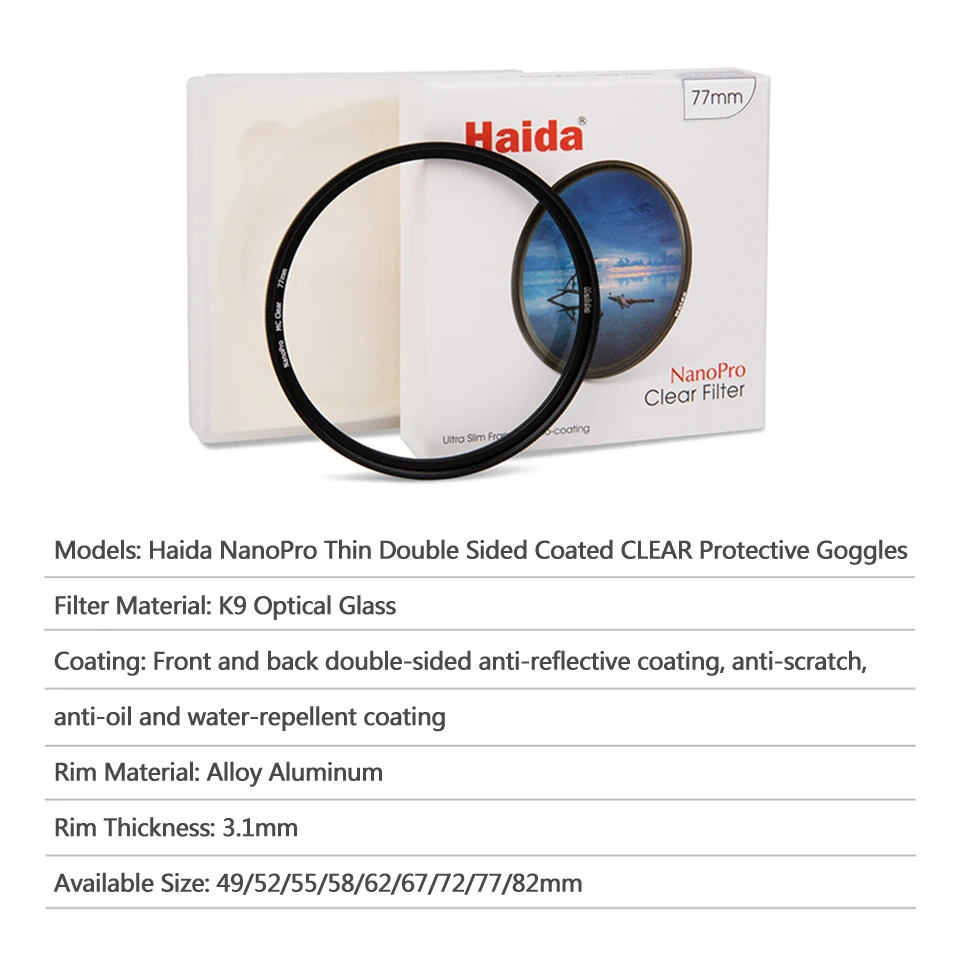 Haida NanoPro Clear UV Filter for Camera Lens Protection with Double-sided MC 39/43/49/52/55/58/62/67/77/82/95/105/112mm