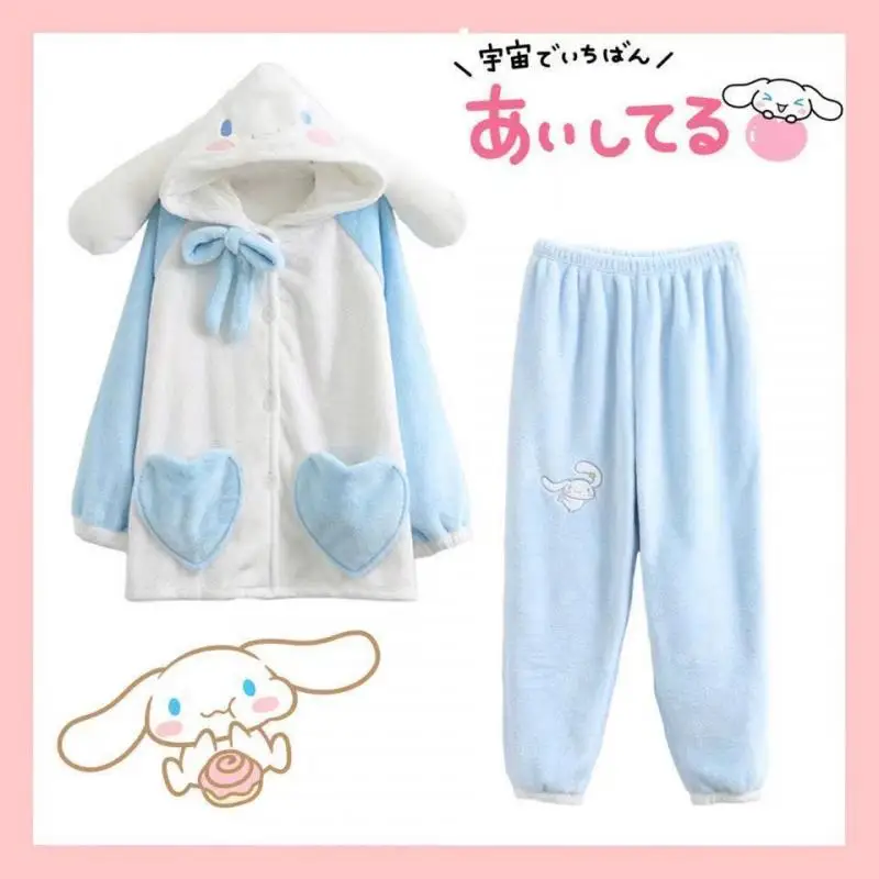 2Pcs Sanrios Cinnamoroll Pajamas Suit Women\'s Winter Thickened Coral Velvet Cute Kuromi Cartoon Warm Nightgown Soft Home Clothes