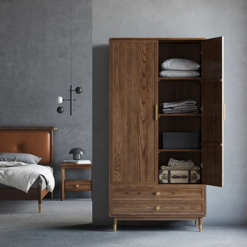 غرفة نوم يابانية شمالية قابلة للتخصيص، خشب متين، بابين، أثاث خزانة ملابس صيني من خشب الجوز