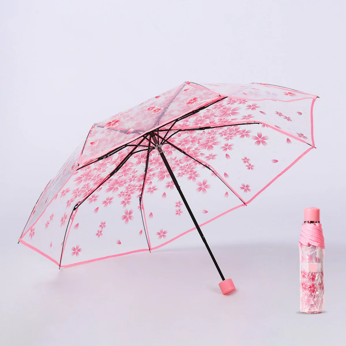 1pc Lovely Mini Cherry Blossom Transparent Umbrella, Casual Versatile Multi Functional For Outdoor Travel