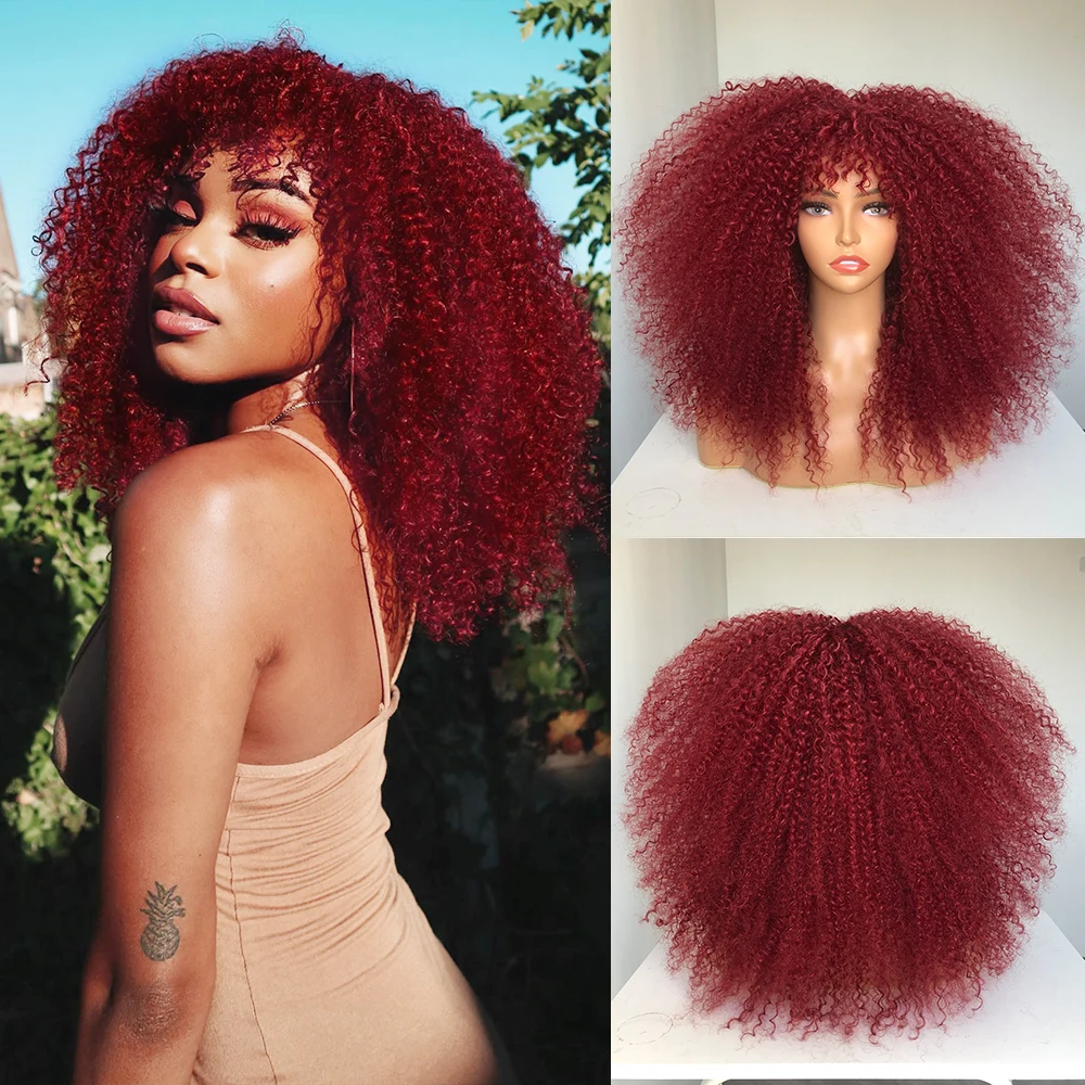 Peluca rizada con flequillo para mujeres negras, Pelo Natural Sintético esponjoso, Afro, resistente al calor, fiesta de Cosplay