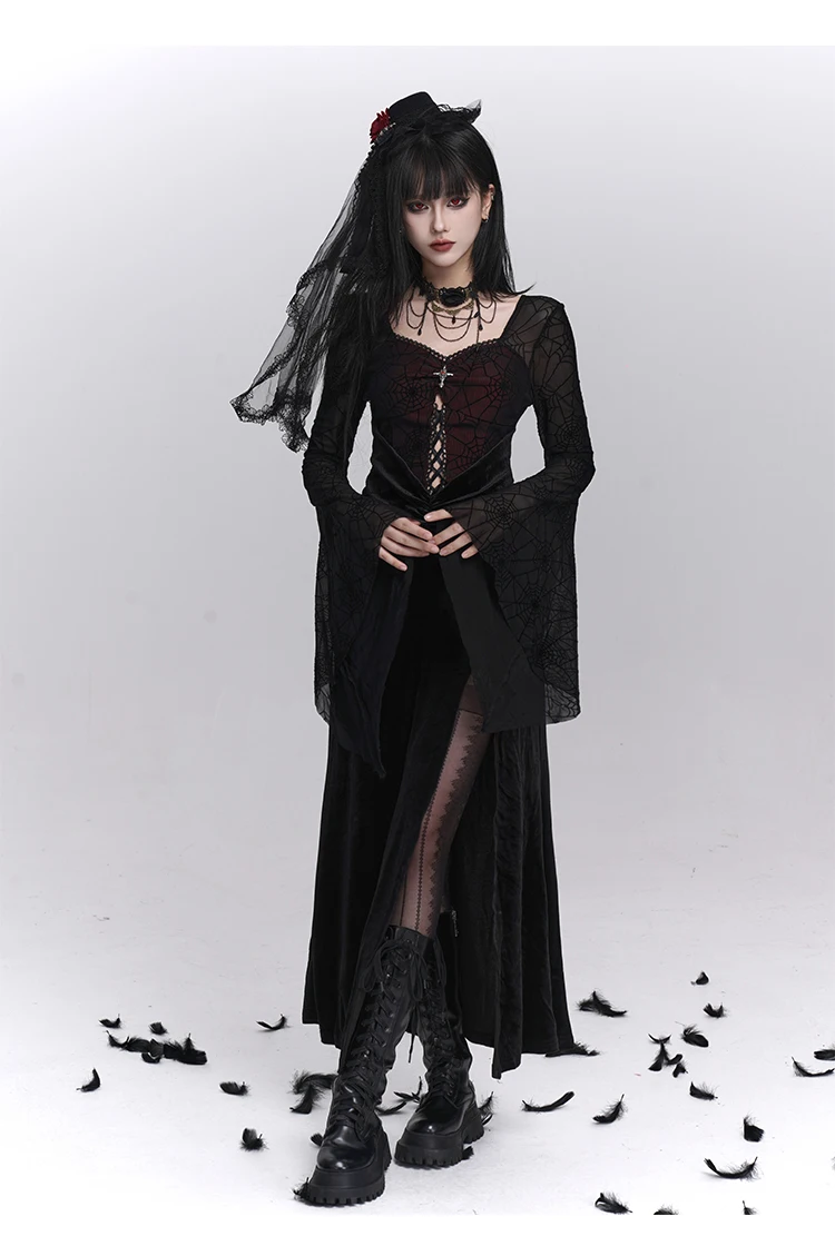 ثقافة فرعية فتاة الظلام القوطية زي الهالوين التأثيري فساتين الجوف خارج متوهج كم مثير شق Bodycon فستان أسود طويل المرأة