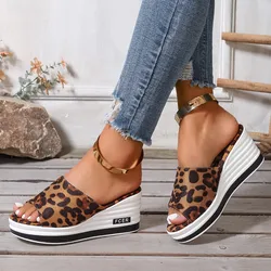 Women's Wedge Leopard Print Slippers Summer 2024 New Fashion High Heel Sandals Casual Plus Size One Line Cool Platform Slippers