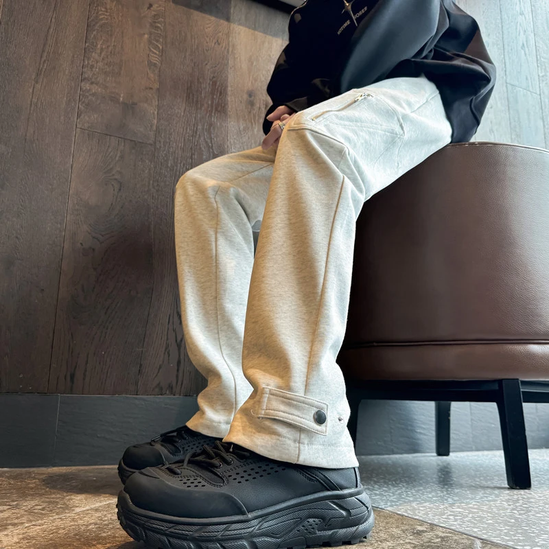 

Cleanfit Light ey Men's Workwear Sweatpants American Sle Zippered Cuffs Trendy Straight Leg Spor Trousers