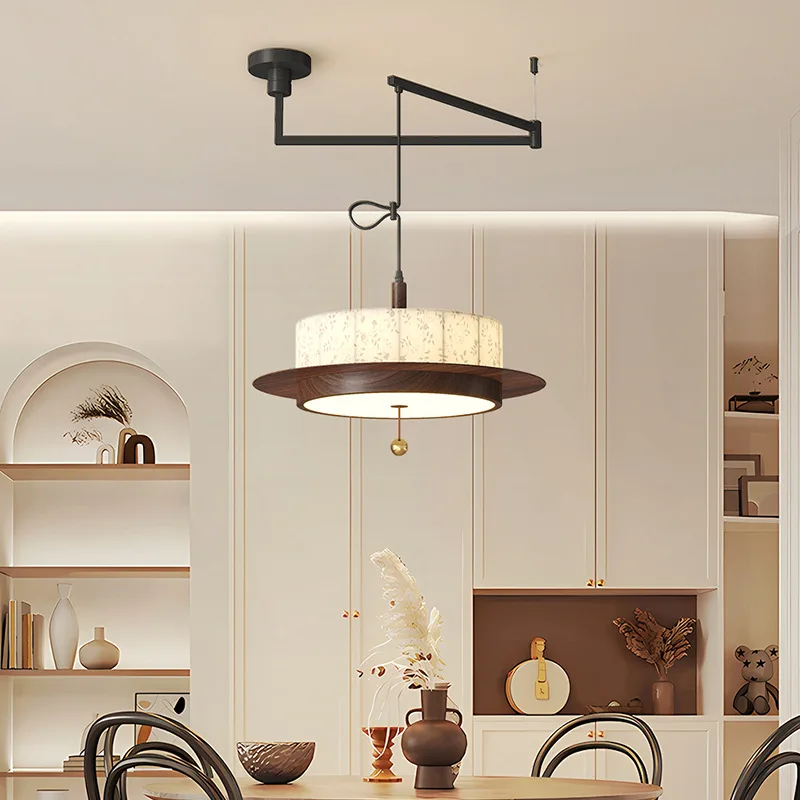 Middle Ancient Style Printed Fabric Home Ceiling Lights Master Bedroom LED Suspension Chandeliers Retro Walnut Wood Grain Study
