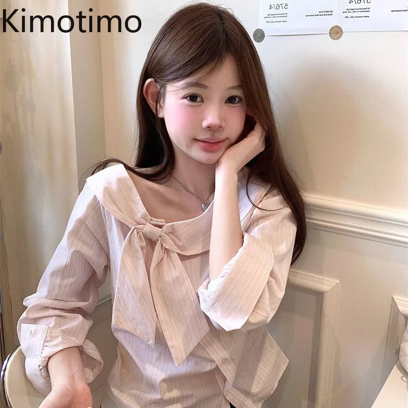 Kimotimo Sweet Bow Striped Long Sleeve Shirt Women 2026 Autumn Y2k Aesthetic Irregular Button Up Tops Korean Fashion Chic Blouse