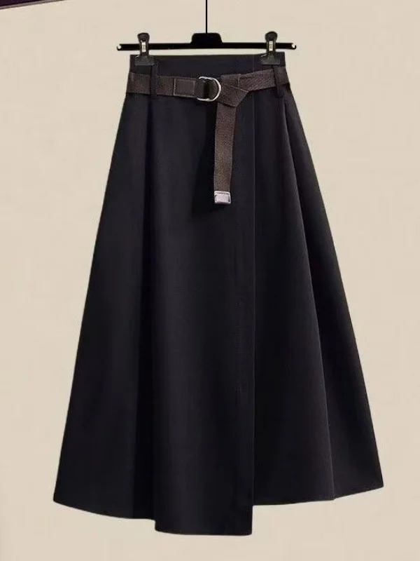 Falda midi elástica de talla grande, fina, informal, de verano, estilo coreano, de cintura alta, de fibra de poliéster, para mujeres con forma de pera.