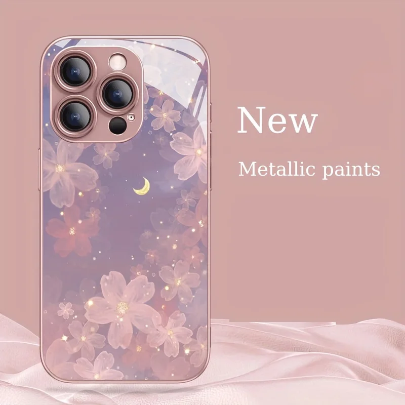 Pink flower metallic paint glass phone case suitable for Samsung Galaxy S26 S25 S24 S23 S22 S21 S20 FE/Ultra/Plus anti drop
