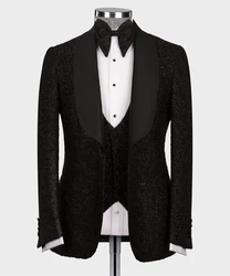 Smoking da sposa glitterato di lusso nero formale sposo uomo abiti 3 pezzi Blazer gilet pantaloni matrimonio Prom Party Suit per uomo