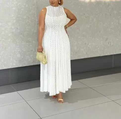 Abito bianco in pizzo sottile senza maniche con scollo tondo dal design temperamento estivo per donna Abito senza maniche a trapezio elegante e semplice