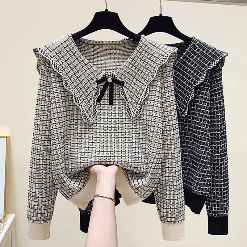 Plaid Vintage Acrylic Knitted Peter pan Collar Pullover Women\'s Sweater Long Sleeve Female Sweaters Tops Woman Clothing Fashion