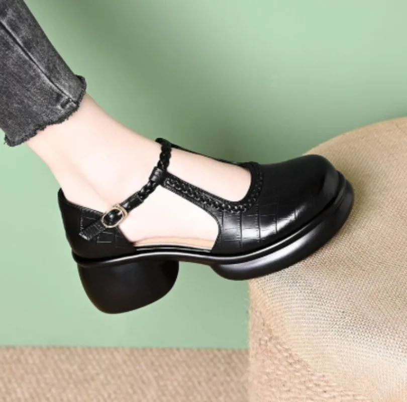 Women Black Croc‑Embossed Mary Jane Sandals T‑Strap Buckle Cutout Design Platform Chunky Block Heel Closed Toe Daily Shoes view 4