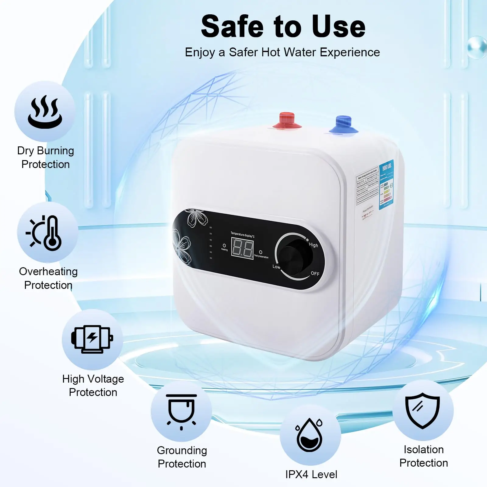 Mini aquecedor de água com tanque de 8L, armazenamento vertical retangular compacto de chuveiro elétrico de 1500W 110V, água superior branca de aço inoxidável Ipx4 I