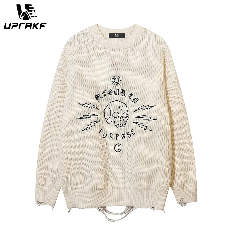 UPRAKF Skull Graffiti Sweater Loose Pullover Winter Tops Autumn Fashion Streetwear Long Sleeve