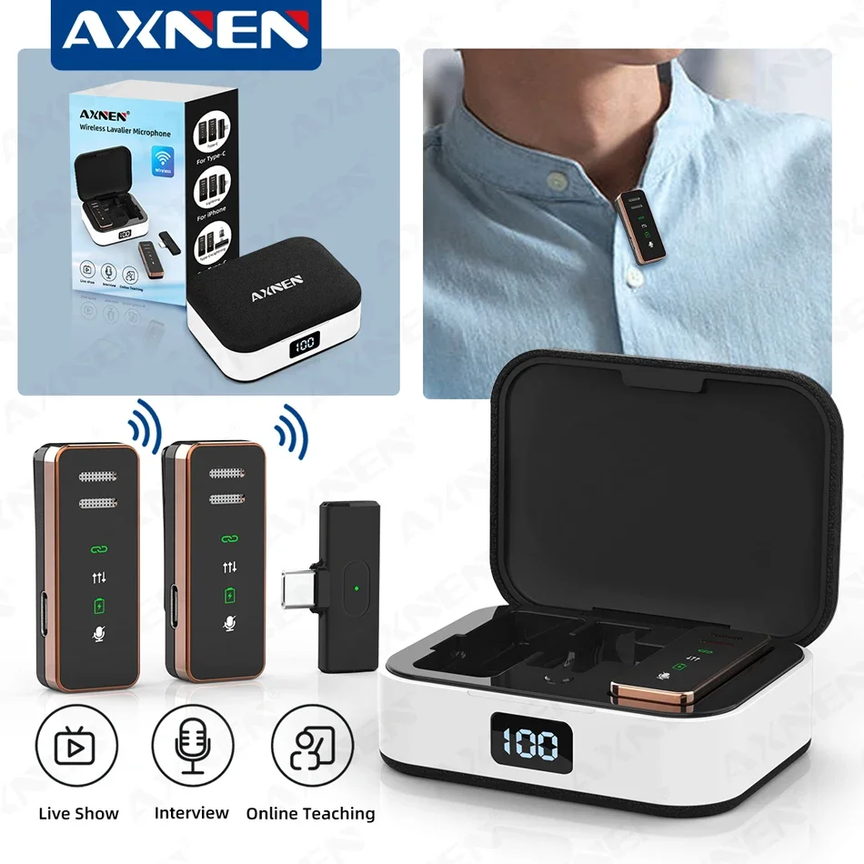 AXNEN Wireless Lavalier Microphone Mini Portable Noise Reduction Audio Video Recording Mic for iPhone TypeC, with Charging Box