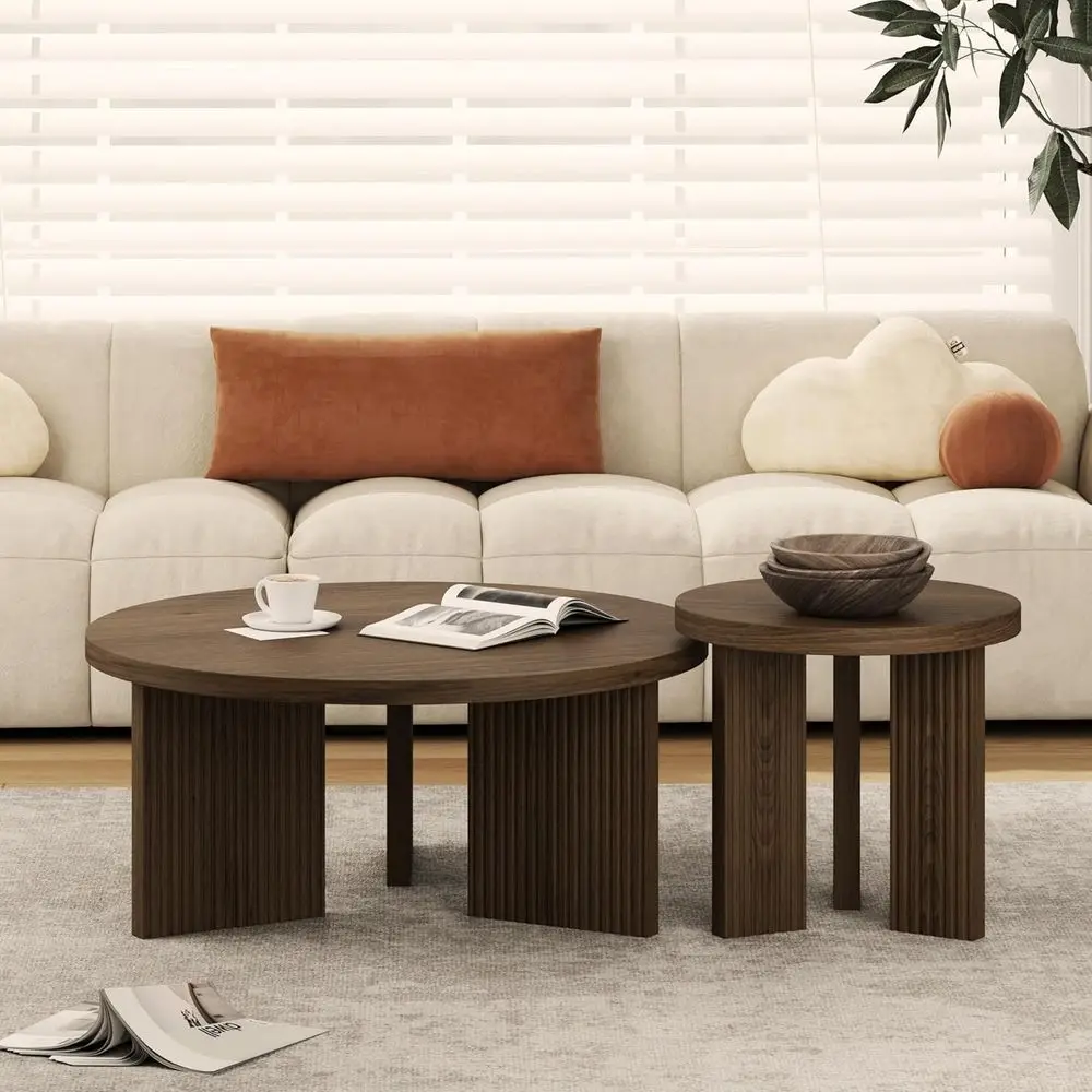 

2-Piece Wooden Coffee Table Set with Thick Smooth Design, Circular Accent Tables for Living Room, Office, Brown