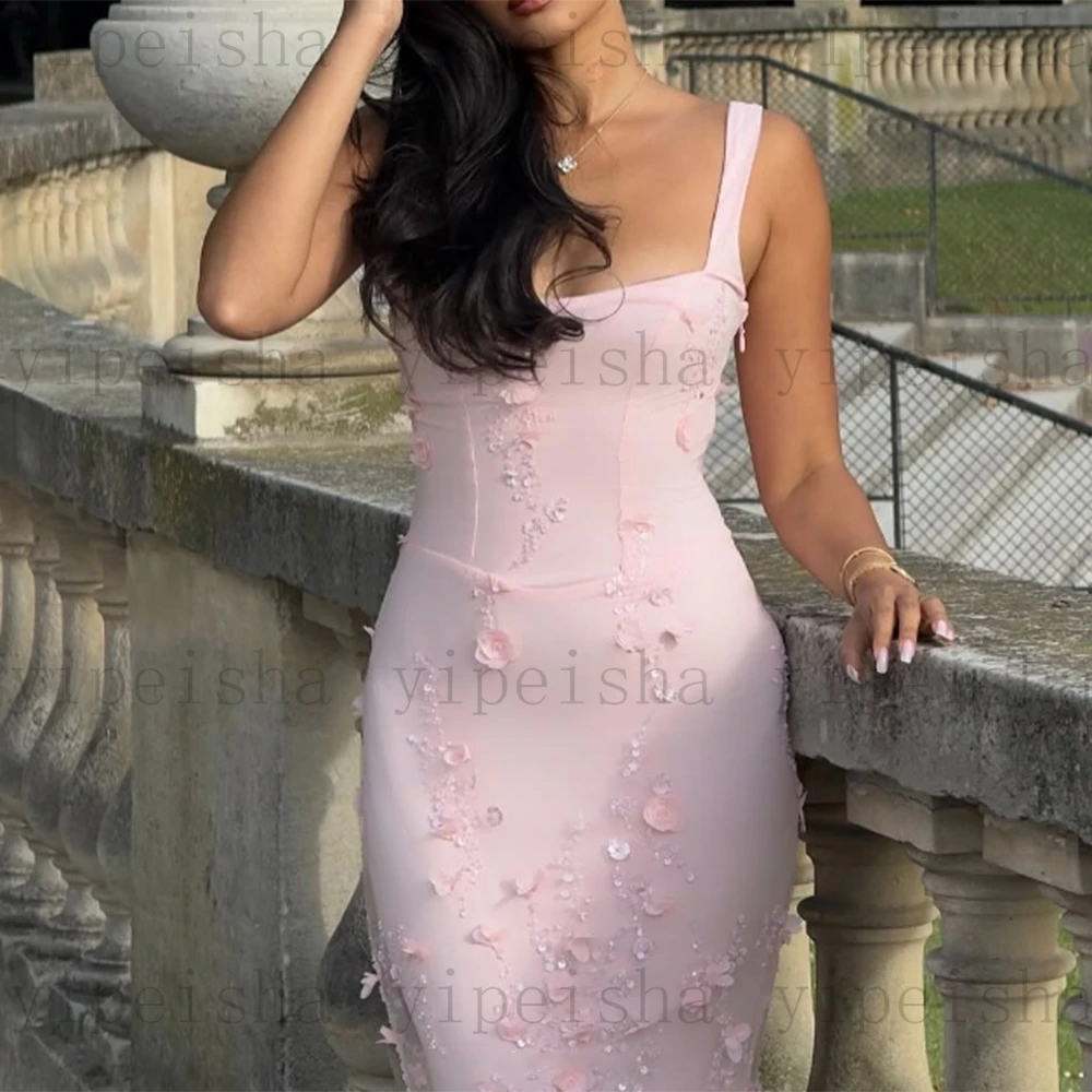 Personalizado gola quadrada sereia vestidos de noite cinta espaguete vestido de festa 3d flores lantejoulas rendas apliques longo vestido de baile