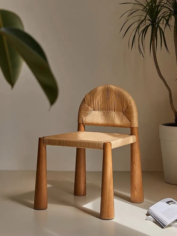 Vintage solidny krzesło rattanowe tkany pojedyncze siedzenie minimalistyczny styl kremowy Model krzesło do jadalni oparcie