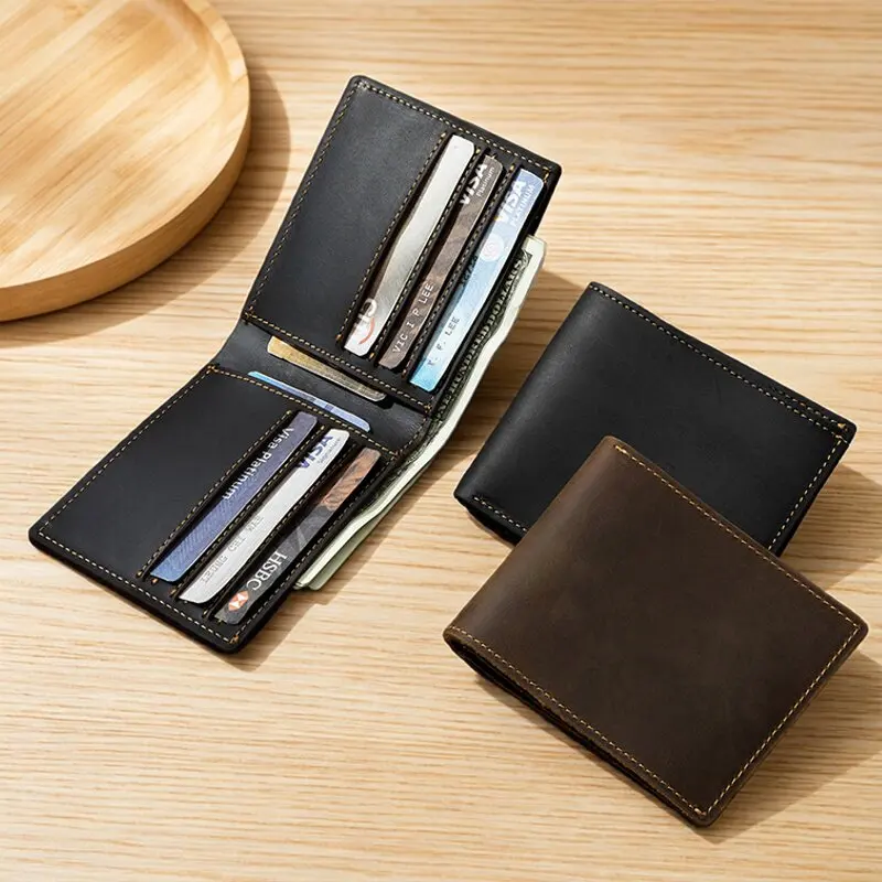 handmade-top-layer-cowhide-leather-wallet-men's-short-style-magnetic-shielding-anti-theft-card-holder-coin-bag-horizontal-shape