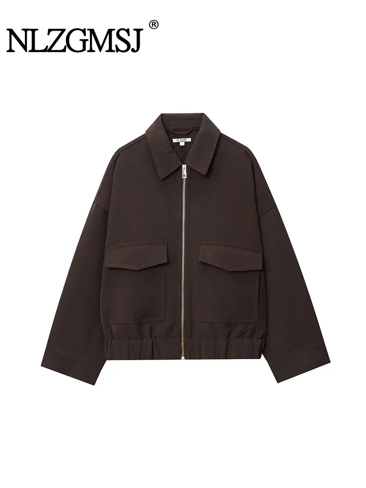 NLZGMSJ المرأة 2025 الخريف الملابس الأنيقة سترة خمر التلبيب طوق سستة كم كامل جيب معطف سيدة ملابس خارجية