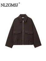 NLZGMSJ, chaqueta elegante de otoño 2025 para mujer, abrigo Vintage con cuello de solapa y cremallera, abrigo de bolsillo de manga larga, prendas de vestir exteriores para mujer