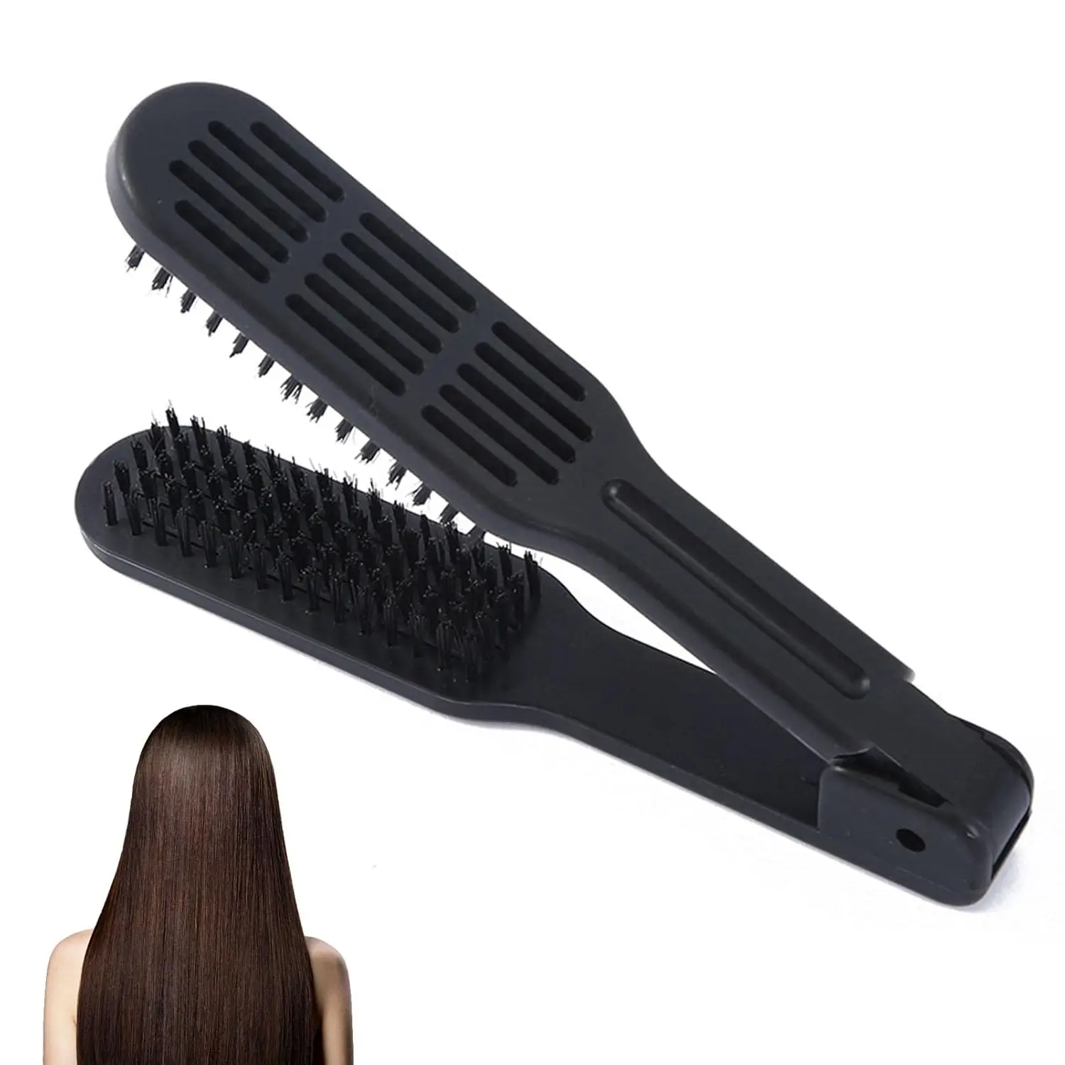 Double Brush Comb, Hair Straightening Brush with Nylon Bristles, Detangler Splint Comb for Salon Styling, Black 8.66in