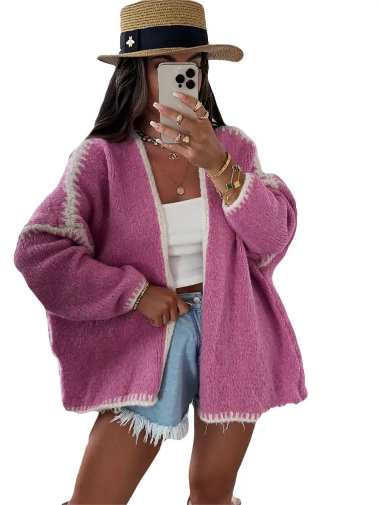 女性の冬のファッションカーディガンセーター Y2k 女性カジュアルカラーマッチングルーズニットセーター秋暖かいコート女性のための