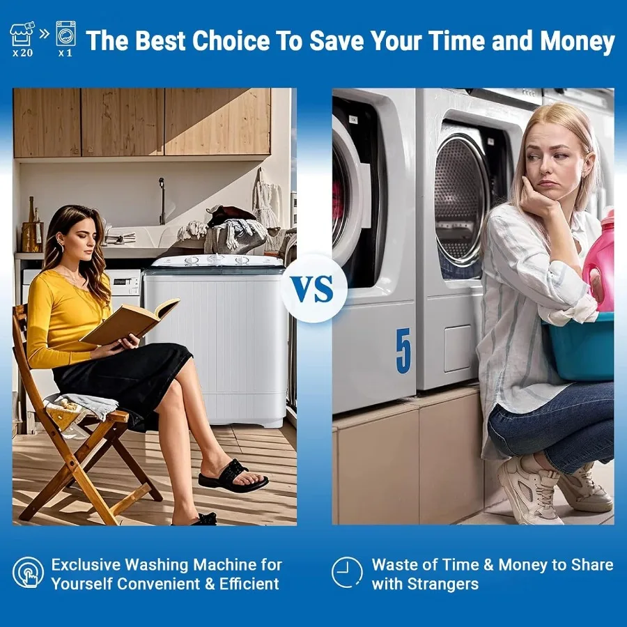 Portable 22 lbs Twin Tub Washing Machine with Drying Rack 13 lbs Washer Mini Compact Laundry Machine and 9 lbs Spinner Semi-aut