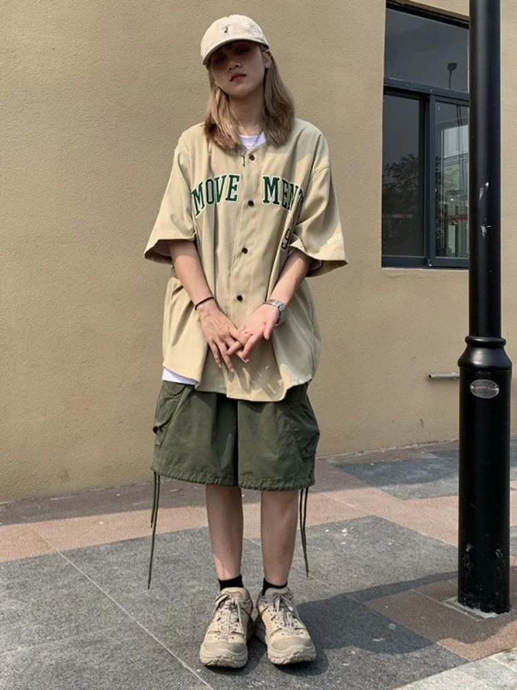 HOUZHOU ญี่ปุ่น Streetwear Hippie สีเขียว Cargo กางเกงขาสั้นผู้หญิง Kpop Harajuku Oversize กางเกงขาสั้นสีกากี Vintage Kpop สไตล์หลวม