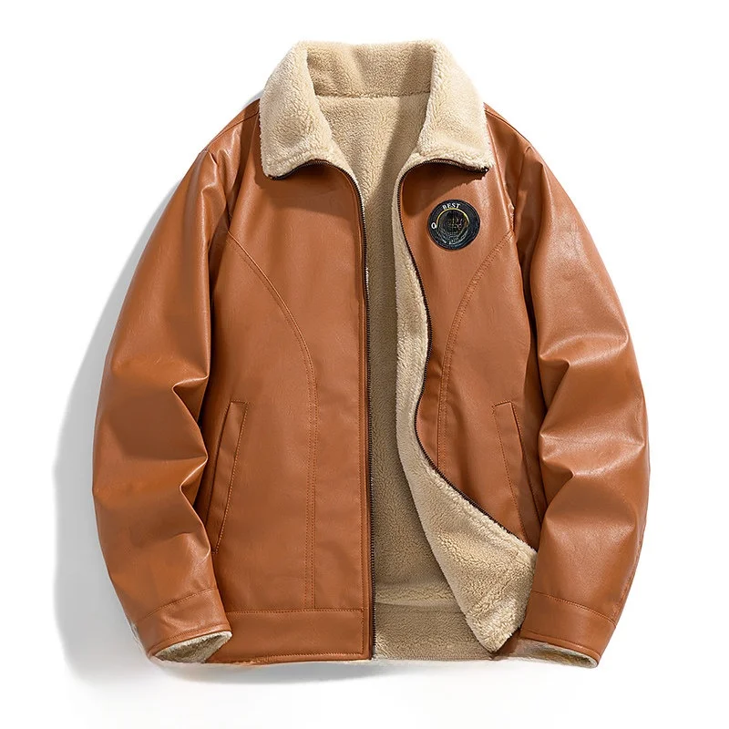

Мужская кожаная куртка в стиле ретро с флисовой подкладкой, зимняя теплая утолщенная куртка с воротником из овечьей шерсти, молодежная мотоциклетная кожаная куртка